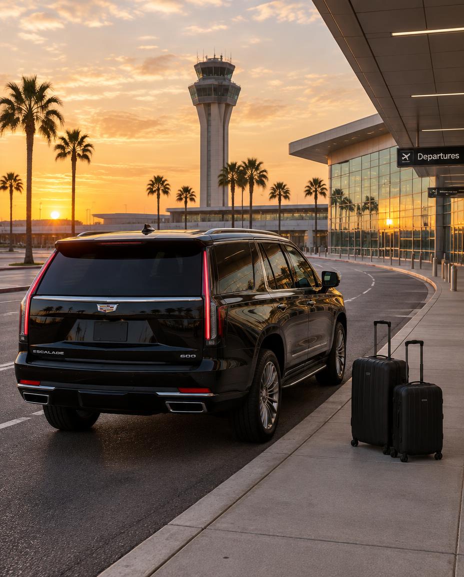 Black SUV with luggage at the airport terminal curb