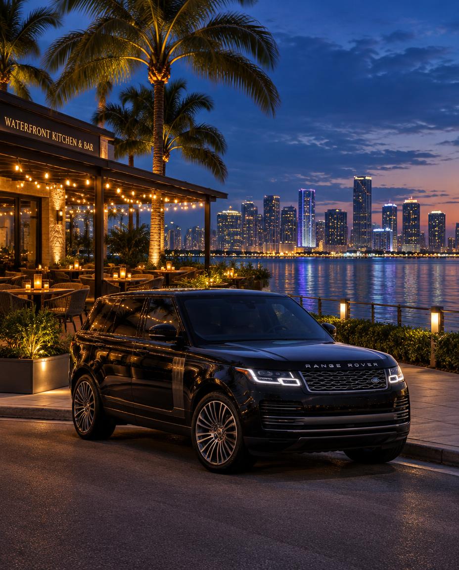 Black SUV outside a waterfront restaurant at dusk