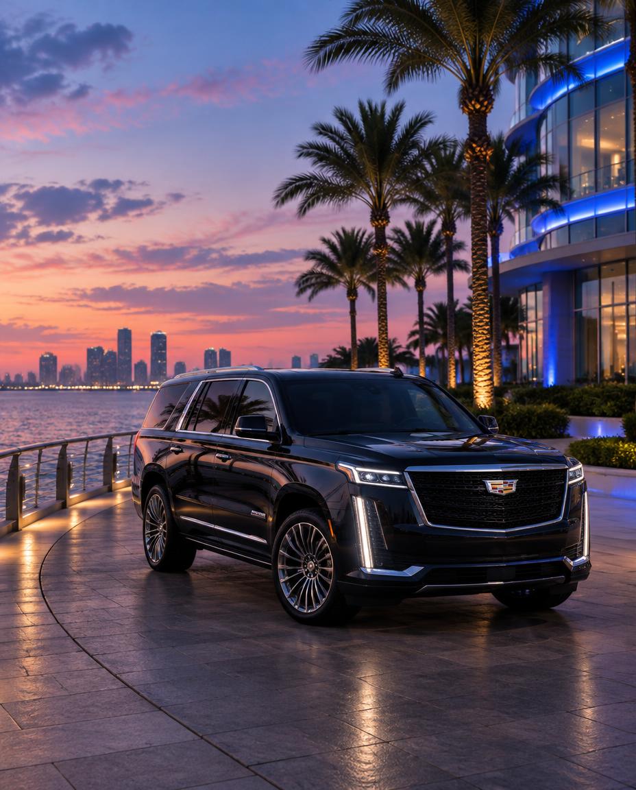 Black SUV parked at a waterfront office at dusk